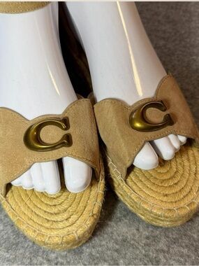 Coach Tan Suede Espadrille Slide with Gold Logo